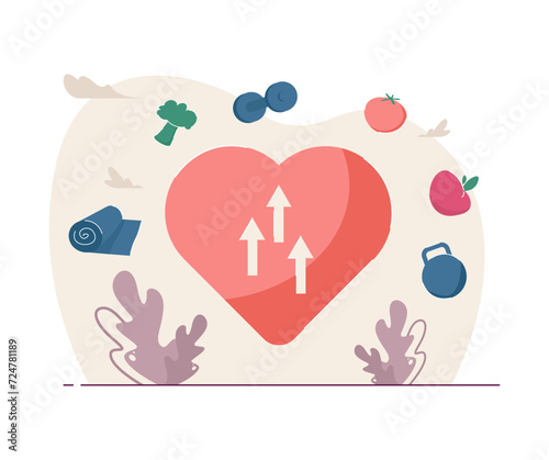 Healthy heart and healthy lifestyle choice concept. Huge heart vector illustration with dumbbell, kettlebell, vegetables, fruit, yoga mat.