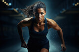 Athletic woman sprinter running through a hall.