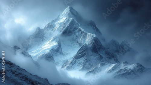  a very tall mountain covered in snow in the middle of a foggy sky with a few clouds in the foreground and the top of the mountain in the foreground.