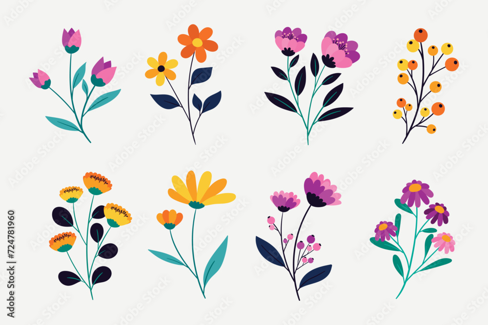 Cartoon flowers collection. Spring flowers blossom, bouquet arrangement. Botanical modern wild flowers set - obrazy, fototapety, plakaty 