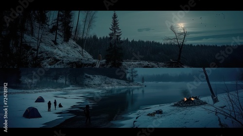 a couple of people standing next to a lake with a campfire in the middle of the lake and a full moon in the sky above the lake and below.