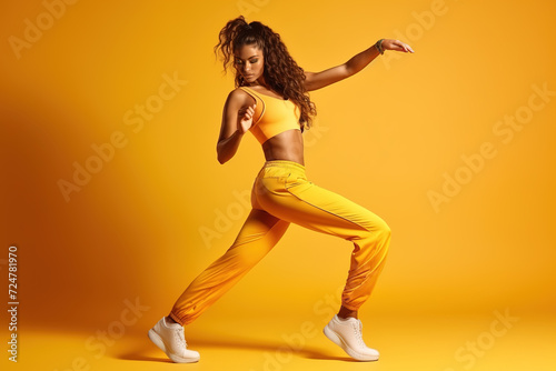 Full length attractive woman in fashionable street clothes dancing against yellow studio background.