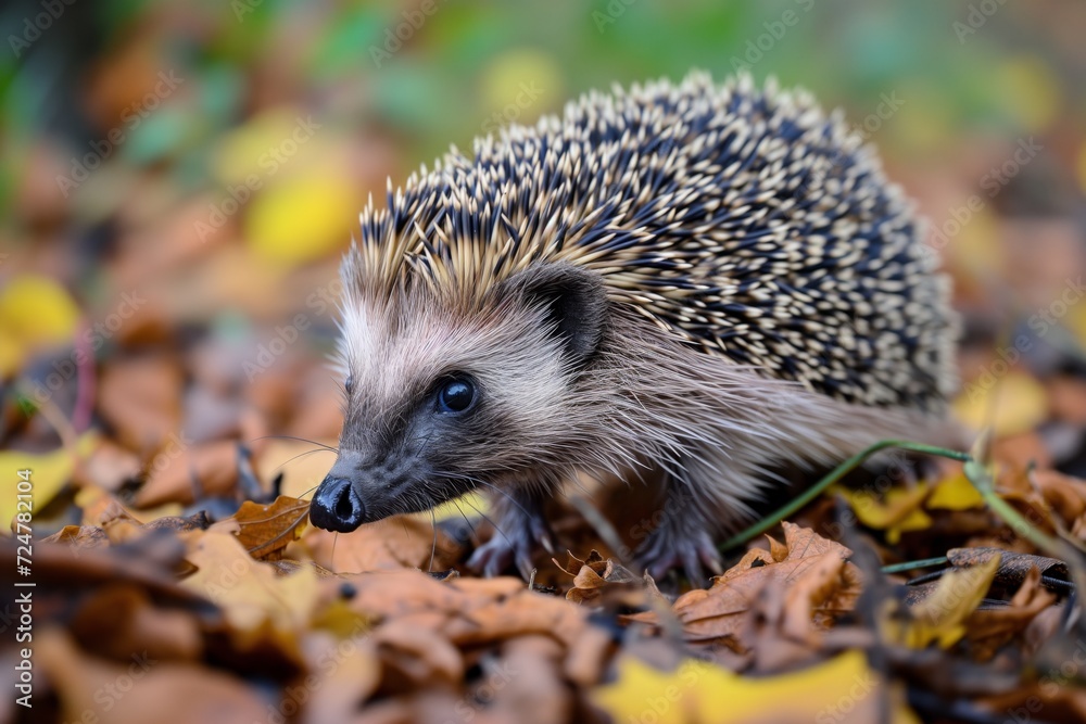 Fototapeta premium stepping quietly, coming across a hedgehog snuffling leaves