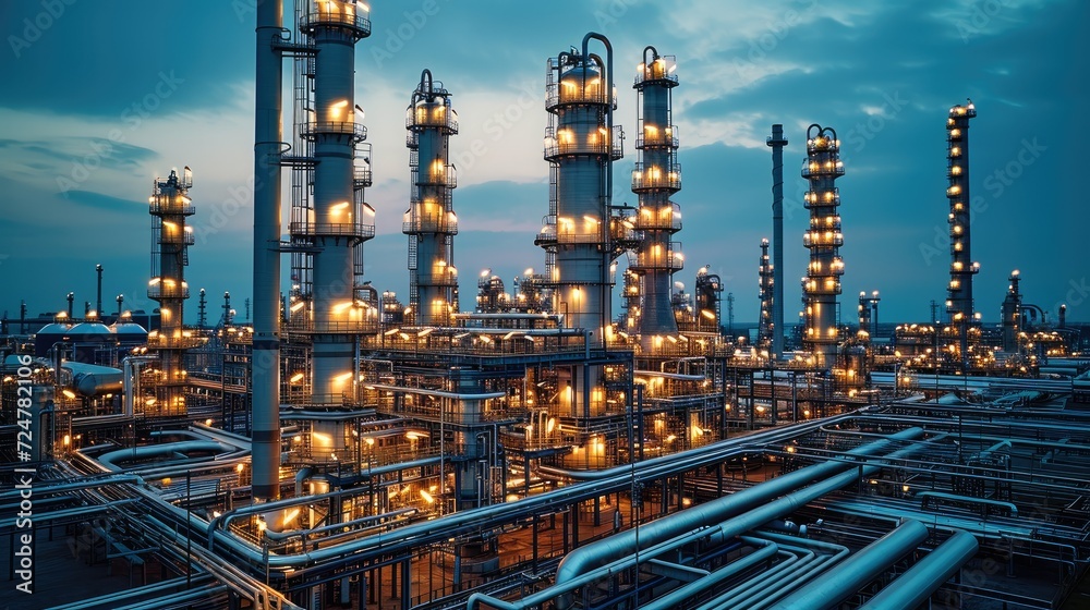 Manufacturing of petroleum industrial plant, Oil, Gas and petrochemical refinery factory. Generative AI. Manufacturing of petroleum industrial plant, Oil, Gas and petrochemical refinery factory. Generative AI.