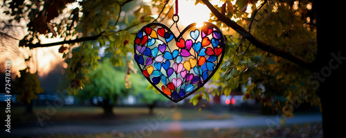 Beautifull stained glass heart haning in a tree. photo