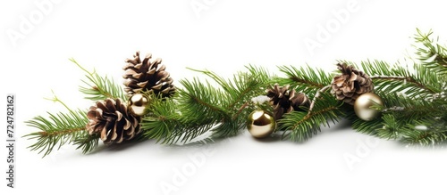 Fir tree branch with cones isolated on white background. photo