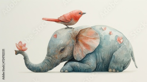  a painting of an elephant with a bird on it s back and a bird sitting on top of it s back  on top of it s head.