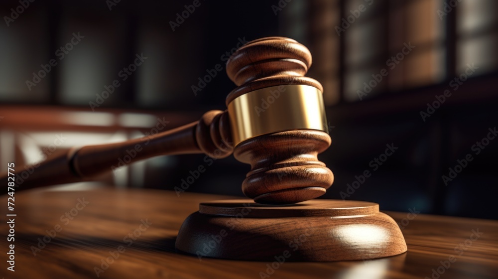 A wooden gavel sitting on top of a wooden table. Suitable for legal, justice, and auction concepts A wooden gavel sitting on top of a wooden table. Suitable for legal, justice, and auction concepts