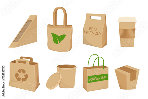 Eco-friendly food packaging vector illustration set. Disposable cup, paper bag, sandwich pack, recyclable packaging. Ecology, recycling, packaging concept