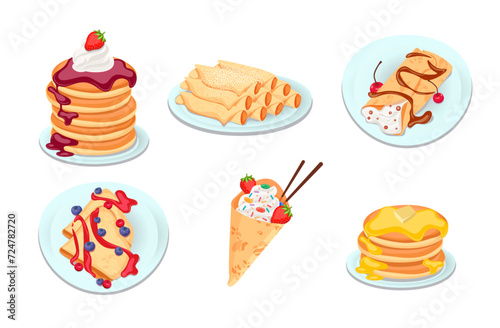 Diverse pancakes from around world. Vector illustration set. Pancakes with maple syrup, butter, ice-cream, berries, cheese. Cuisine, recipes, cooking concept