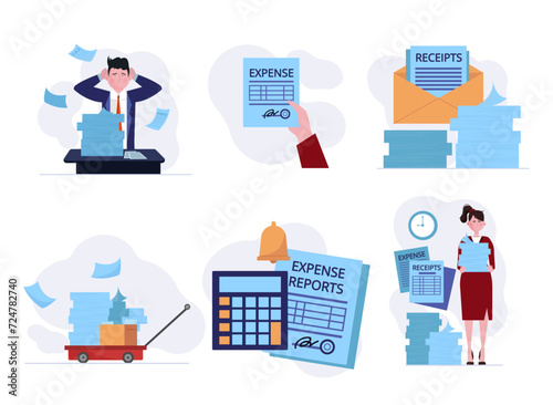 Receipts and expense reports vector illustration set. Businessman with unpaid invoices, female accountant with documents, stack of receipts, calculator and expense form. Bookkeeping, finance concept