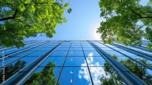 In the contemporary city, a sustainable glass office building incorporates trees to combat carbon dioxide emissions, exemplifying eco-conscious design.
