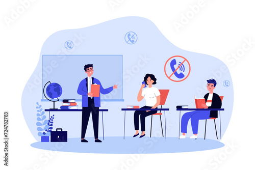 Teacher prohibiting students using smartphones in classroom. Vector illustration. School girl trying to call phone during lesson. Forbidden circle with cell phone on background. Ban on phone calls 