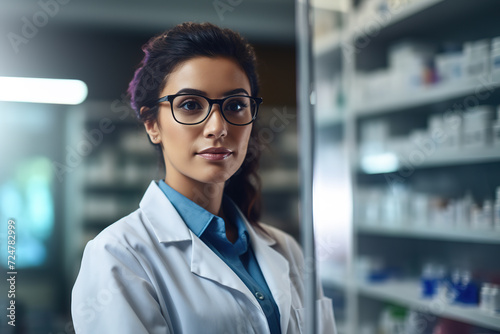 Portrait of beautiful female pharmacist standing in a drug store.