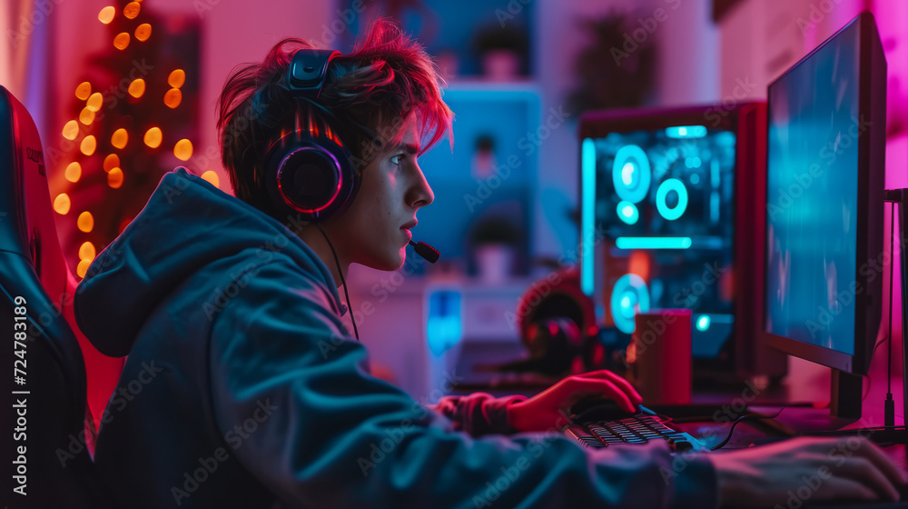 Young male gamer playing online video games while streaming on social media