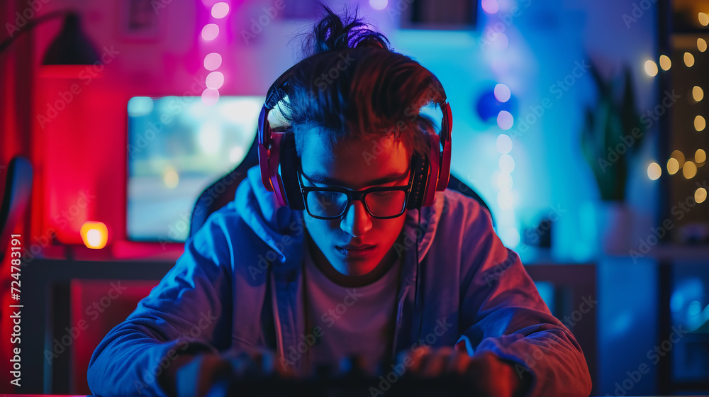 Young male gamer playing online video games while streaming on social media Young male gamer playing online video games while streaming on social media