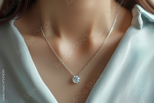 woman wearing neutral aquamarine and minimalist silver chain necklace photo