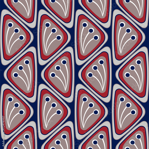 Seamless pattern in vintage style. Dar blue, red, grey colours. Stilized floral ornament from repeating triangles. Vector illustration in soft colors. For printing design projects and cards.