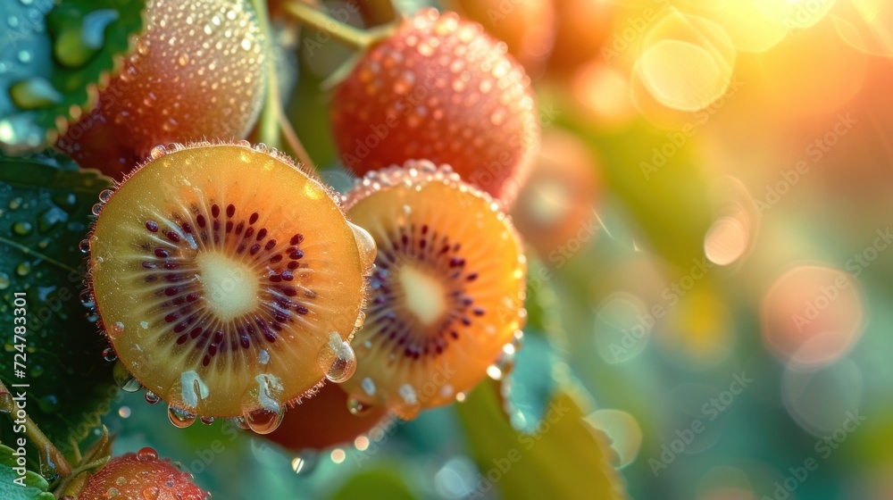 a close up of a kiwi fruit on a tree with drops of water on the leaves and berries in the foreground, with the sun shining in the background. a close up of a kiwi fruit on a tree with drops of water on the leaves and berries in the foreground, with the sun shining in the background.