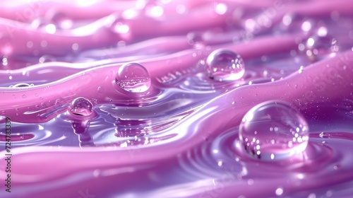  a close up of some water droplets on a surface with a pink light in the background and a blurry image of water droplets on the bottom of the image.