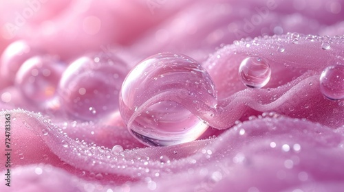  a close up of water droplets on a pink fabric with a blurry background of water droplets on a pink fabric with a blurry background of water droplets on the fabric.
