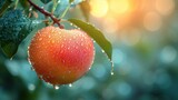  a close up of an apple on a tree branch with water droplets on the leaves and the sun shining through the trees leaves and drops of dew on the apple.