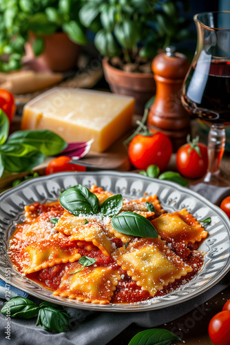 Ravioli meal eating pasta lunch with tomato sauce basil tomatoes and cheese portrait format