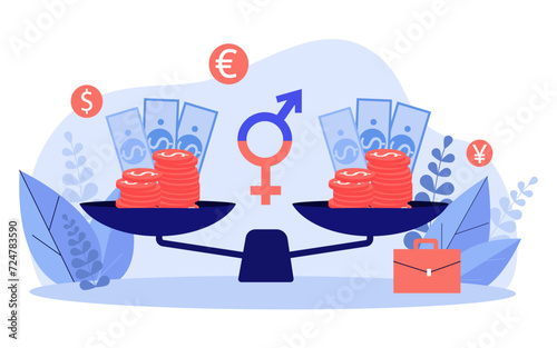 Scales with coins and money, Venus and Mars symbols vector illustration. Briefcase and currency signs on background. Equal pay representation, finance concept