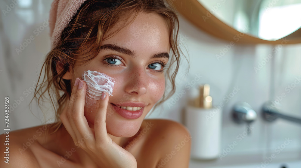 Portrait of beautiful young woman caring of her skin, A woman applying moisturizer. Generative AI. Portrait of beautiful young woman caring of her skin, A woman applying moisturizer. Generative AI.