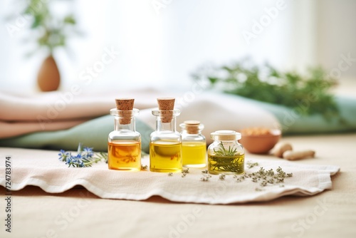 essential oils with herbs in the background on a linen cloth