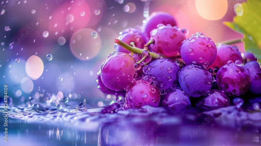 a bunch of purple grapes sitting on top of a table covered in water and drops of water next to a green leaf with a green leaf in the middle of the picture. a bunch of purple grapes sitting on top of a table covered in water and drops of water next to a green leaf with a green leaf in the middle of the picture.