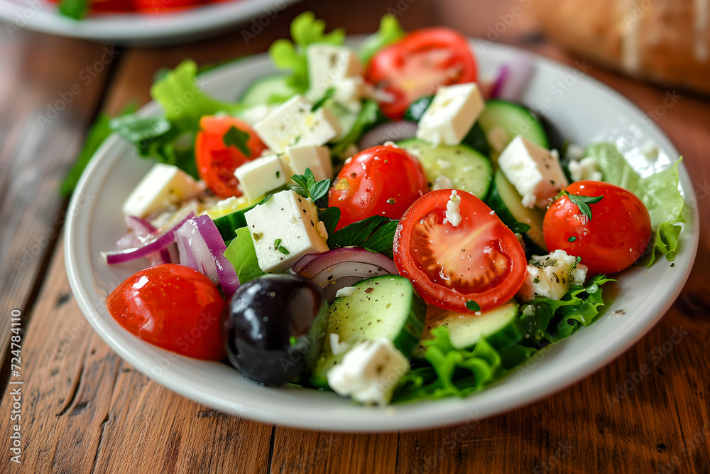 Greek salad with feta cheese tomatoes olives and cucumber on a plate Greek salad with feta cheese tomatoes olives and cucumber on a plate