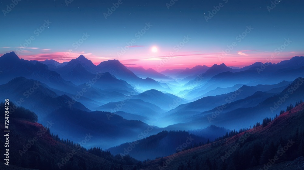  a sunset view of a mountain range with trees and mountains in the foreground, with the sun in the distance, and a pink and blue sky in the background.