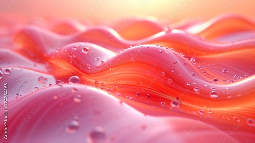  a close up view of water droplets on a pink and orange surface with a bright sun in the background and a blurry image of water droplets on the surface.