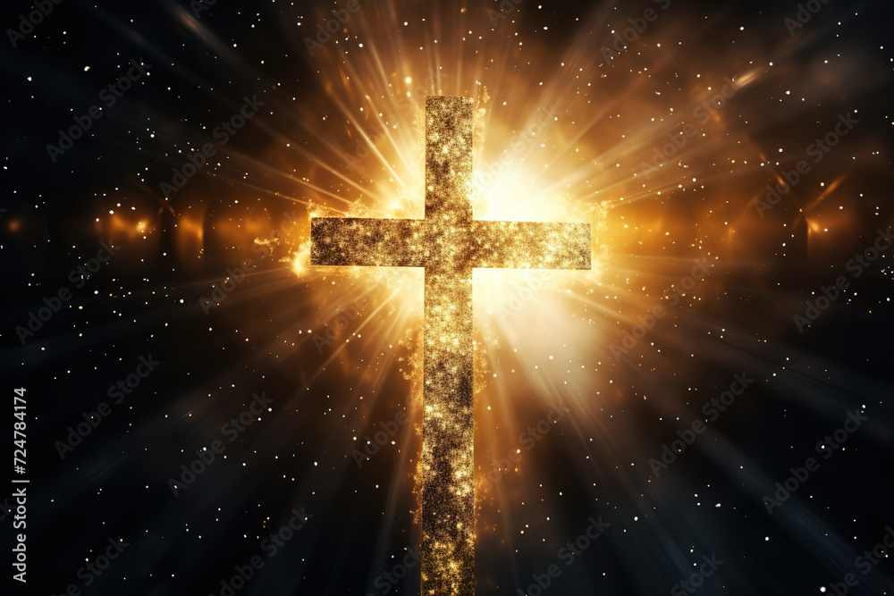 Religious cross in abstract shining gold sparkles and radiant lights. Symbolism of heaven or the resurrection. Religious cross in abstract shining gold sparkles and radiant lights. Symbolism of heaven or the resurrection.