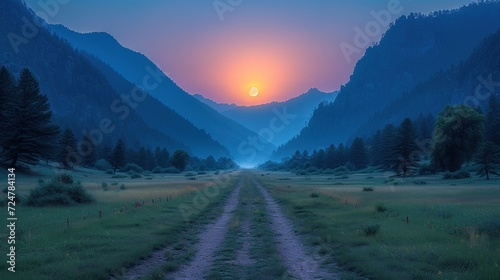  a dirt road in the middle of a field with a mountain range in the background and the sun setting in the middle of the valley in the middle of the distance.