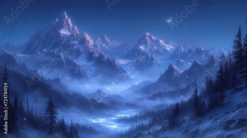  a painting of a mountain range with a river in the foreground and trees in the foreground, with a moon in the sky and stars in the background.