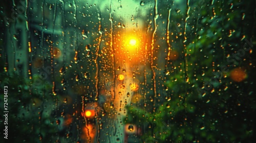  a view of a street through a rain covered window with the sun shining through the window and the raindrops on the window and the outside of the window.