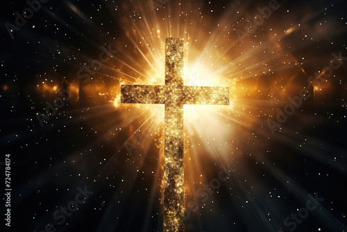 Religious cross in abstract shining gold sparkles and radiant lights. Symbolism of heaven or the resurrection. © FutureStock