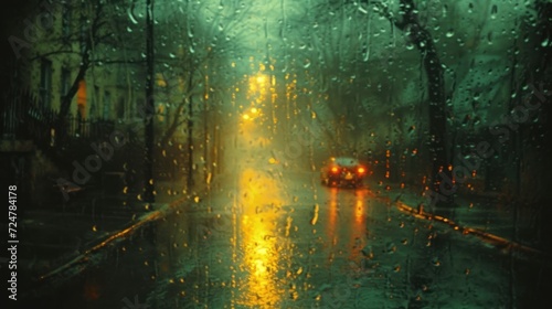  a car driving down a rain covered street next to a tree filled street with lots of lights on the side of the road and on the other side of the road. © Shanti