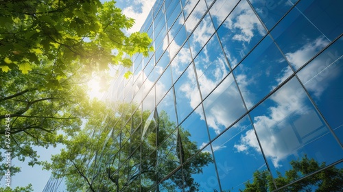 In the contemporary city, a sustainable glass office building incorporates trees to combat carbon dioxide emissions, exemplifying eco-conscious design.