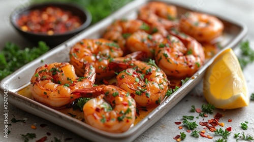  a close up of a tray of shrimp next to a lemon wedge and garnished with parsley on a white table cloth with a lemon and parsley on the side.