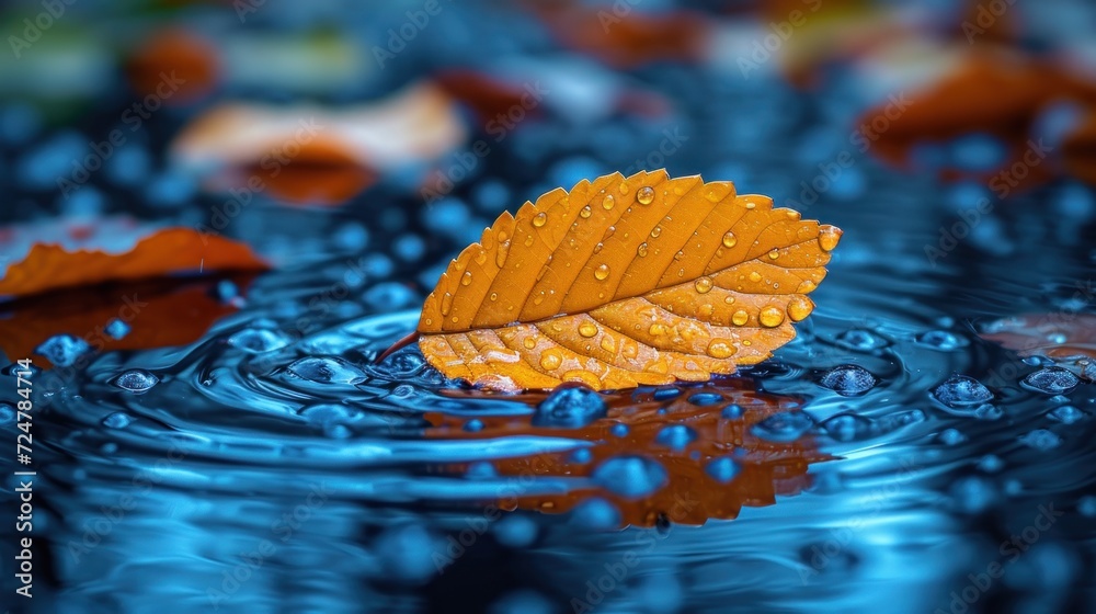 a yellow leaf floating on top of a body of water with drops of water on the bottom of the leaf and on top of the bottom of the water is a blue surface. a yellow leaf floating on top of a body of water with drops of water on the bottom of the leaf and on top of the bottom of the water is a blue surface.