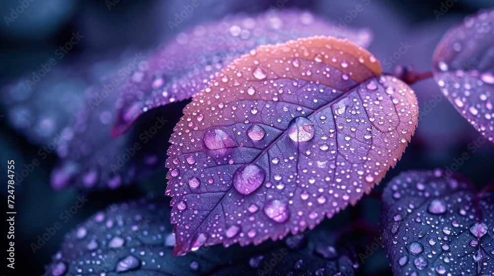 a close up of a purple leaf with drops of water on it and a green leaf on the other side of the leaf, on a dark blue background with green leaves. a close up of a purple leaf with drops of water on it and a green leaf on the other side of the leaf, on a dark blue background with green leaves.