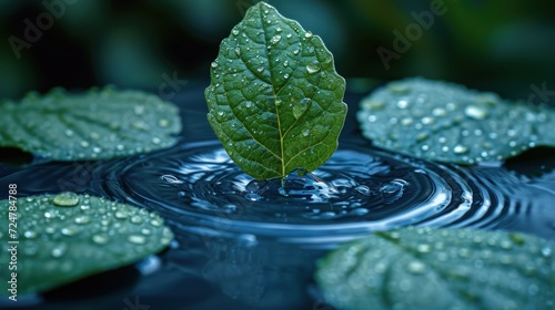 a green leaf floating on top of a body of water with drops of water on the leaves and on top of the water is a blue surface with green leaves.