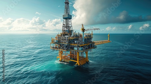 Offshore oil and gas rig platform with beautiful sky, Petroleum industry. Generative AI. photo