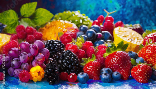 a fruit pile of kiwi  grapes  strawberries  oranges and other fruits  