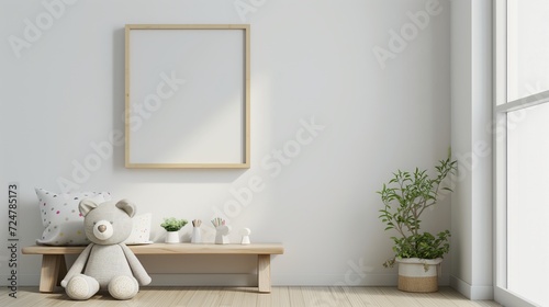 bright children room with a blank empty frame on the white wall