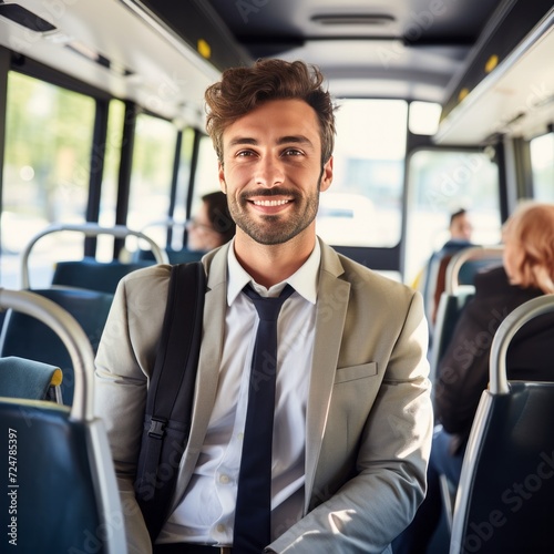 Portrait of a happy business man traveling by bus taking public transportation to reduce air pollution , businessman going to work by bus