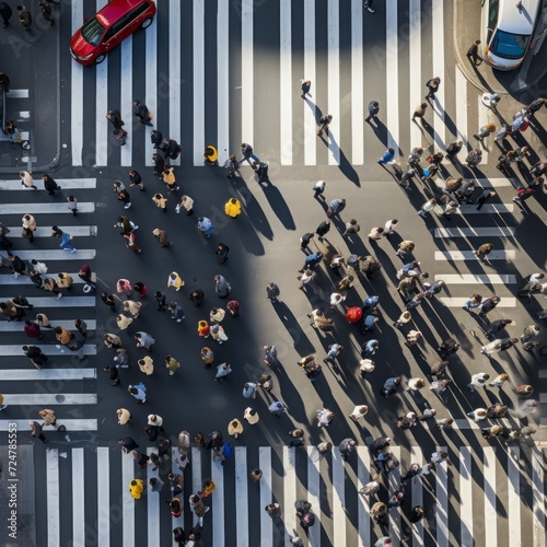 Aerial top view with blurred people walking through city crowd move towards crosswalk